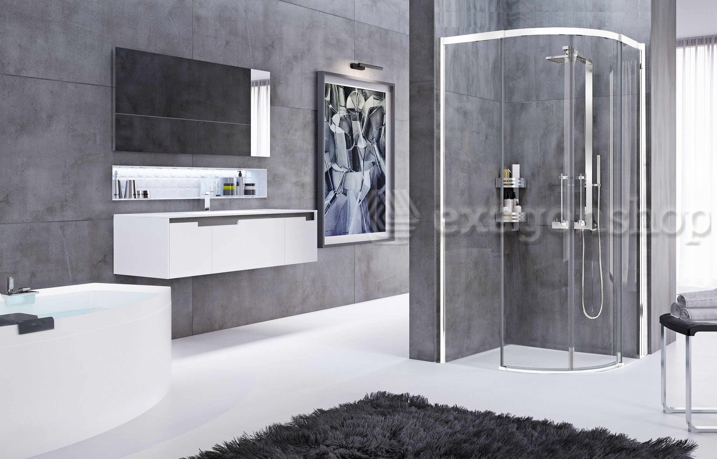 Novellini Rose Rosse R Box Doccia curvo 80x100 su pavimento in bagno completo, vista d'insieme dell'ambiente