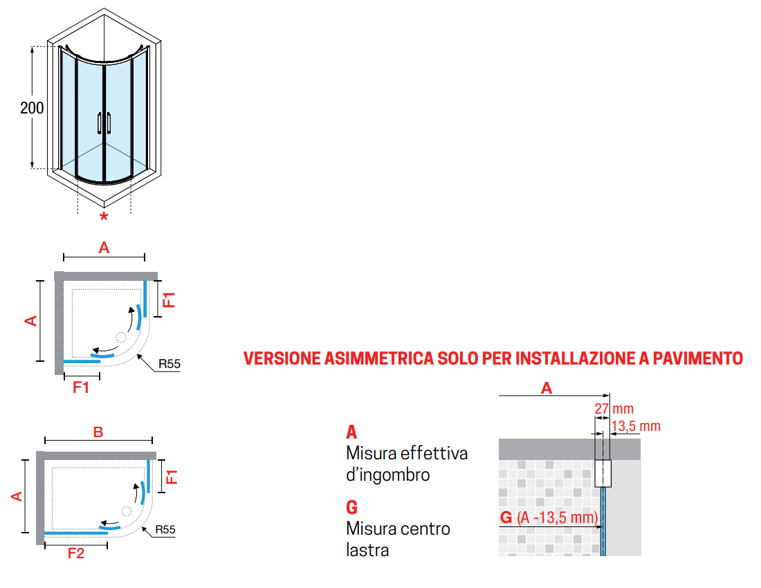 Schema tecnico di Novellini Rose Rosse R Box Doccia curvo 80x100 su pavimento con misure e configurazione