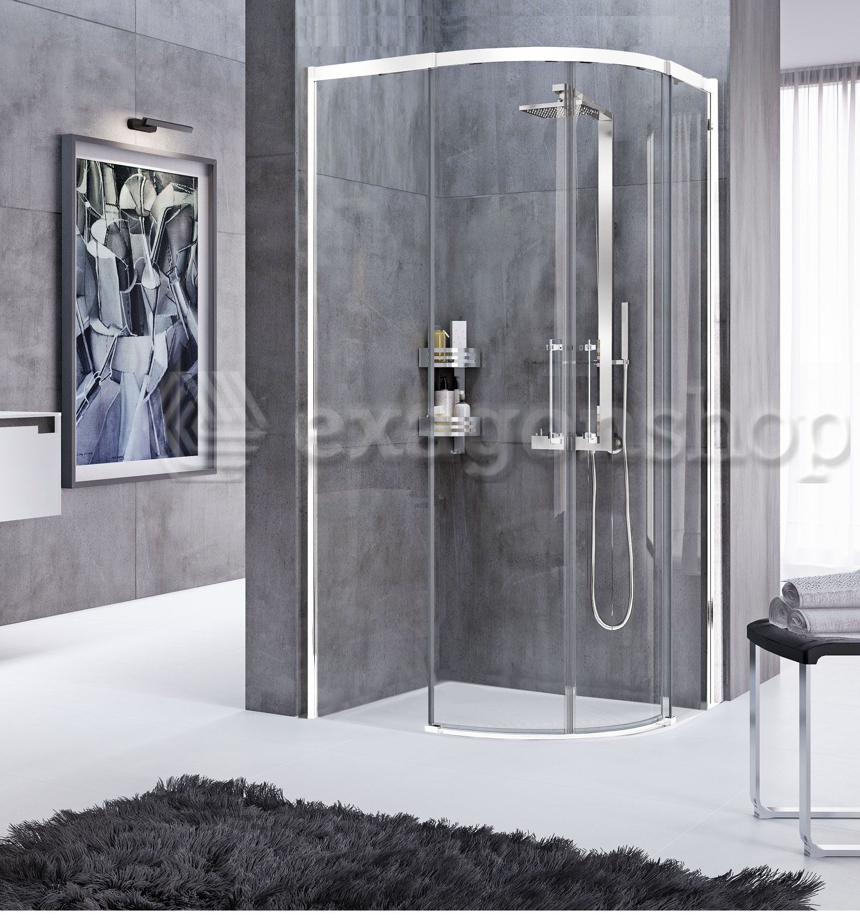 Novellini Rose Rosse R Box Doccia curvo 80x100 su pavimento in opaco e satinato installato in bagno moderno con ante in...