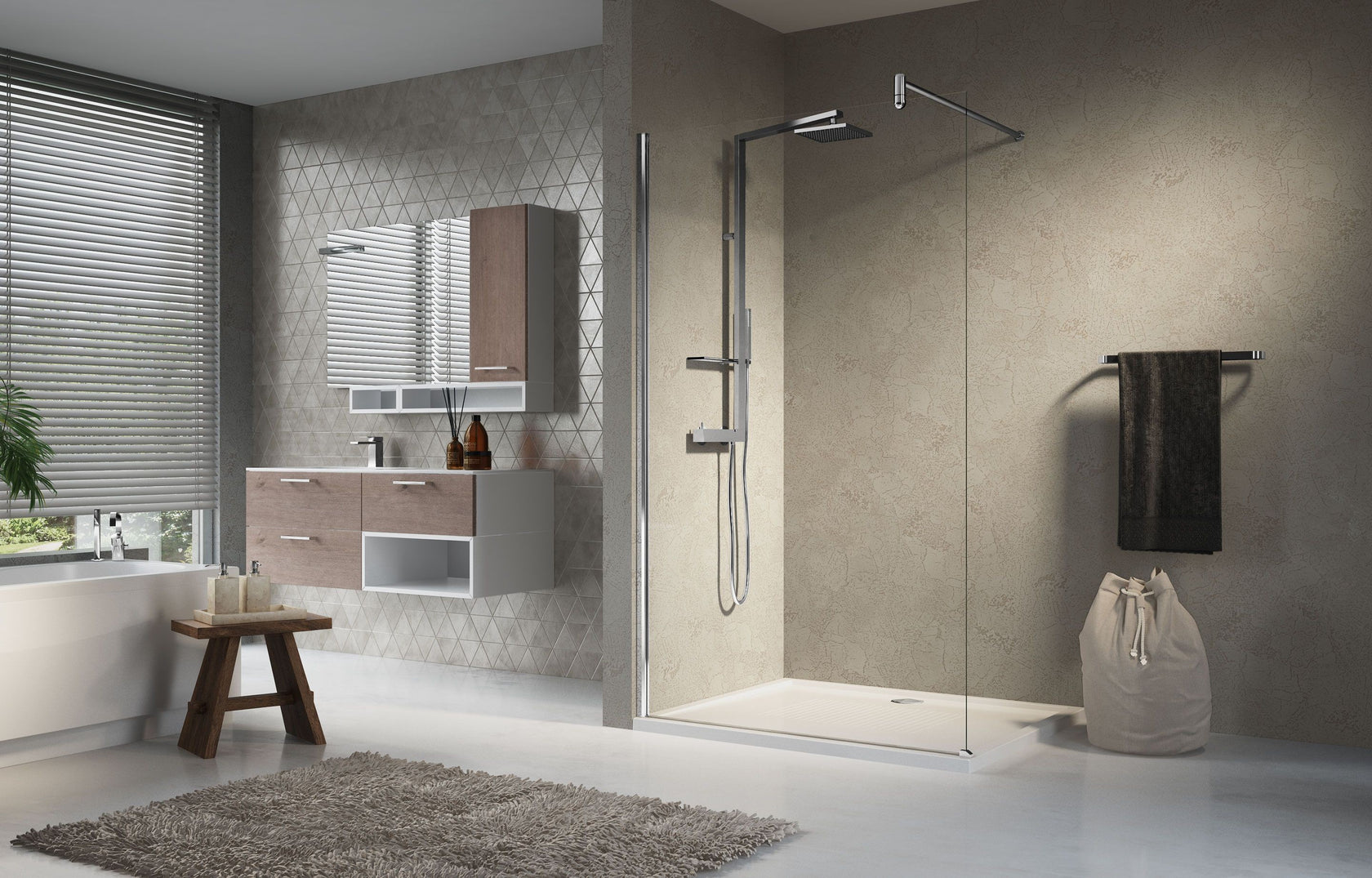 Novellini Lunes H Parete doccia fissa Estensibile 77/78,5 Cromo in bagno completo, vista d'insieme dell'ambiente