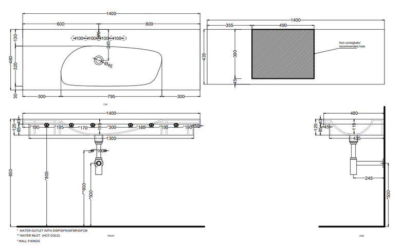 Cielo Enjoy Lavabo 140x48 Sospeso O Da Appoggio Con Piletta Bianca Lucida, vista frontale su sfondo bianco