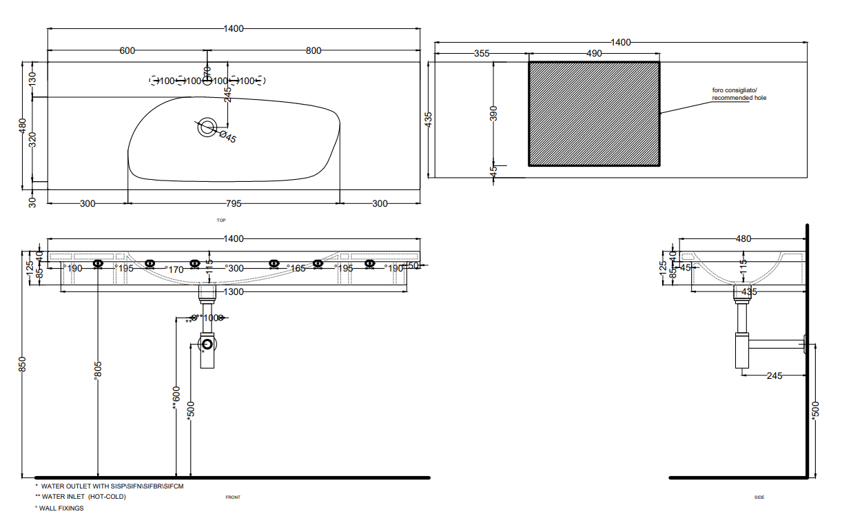 Cielo Enjoy Lavabo 140x48 Sospeso O Da Appoggio Con Piletta, vista frontale su sfondo bianco
