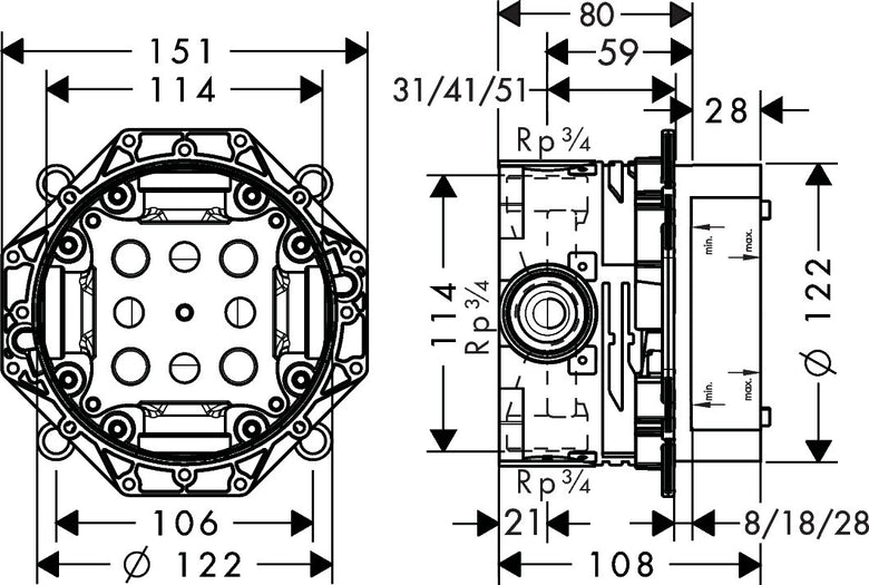 Hansgrohe Ibox Universal Corpo Incasso per Miscelatore, vista frontale della maniglia e della bocca di erogazione