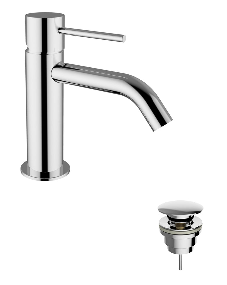 Jabil 25 Miscelatore monocomando lavabo con scarico click in lucido ambientato su piano bagno con accessori - Teorema