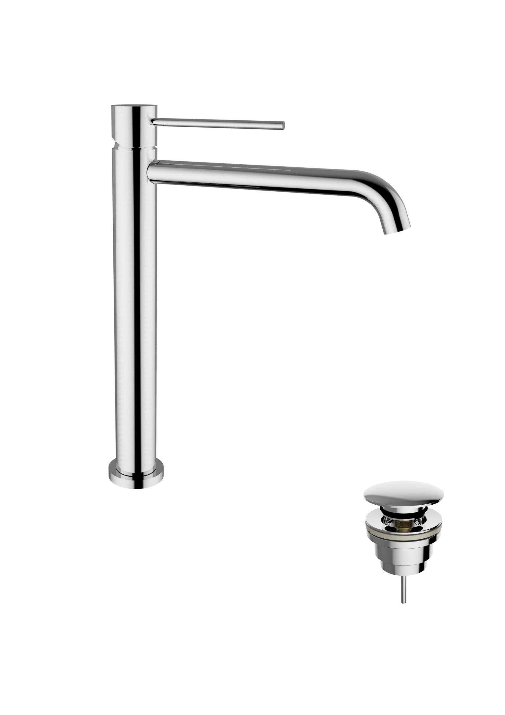 Miscelatore monocomando alto lavabo con scarico click clack in lucido ambientato su piano bagno con accessori - Teorema