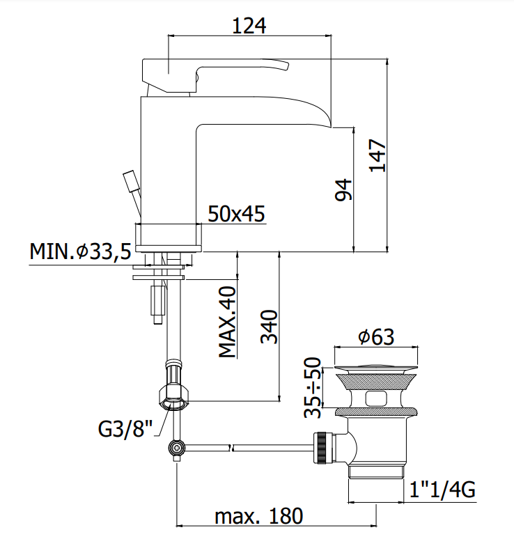 Paffoni Level Les061 Miscelatore Lavabo flusso A Cascata, vista laterale del profilo e della forma