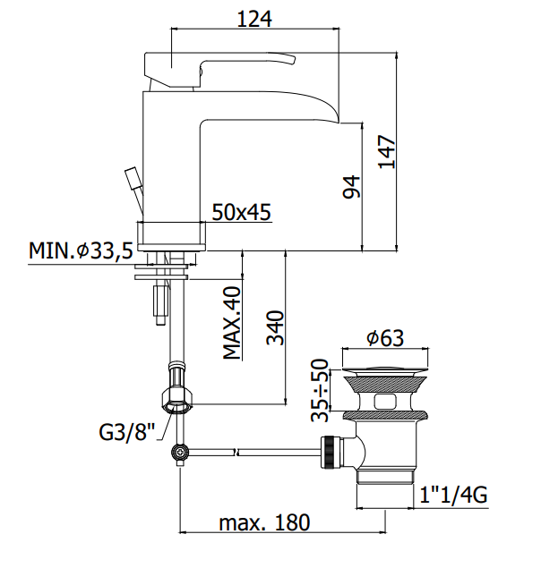 Paffoni Level Les065 Miscelatore Lavabo a Cascata Scarico, vista laterale del profilo e della forma