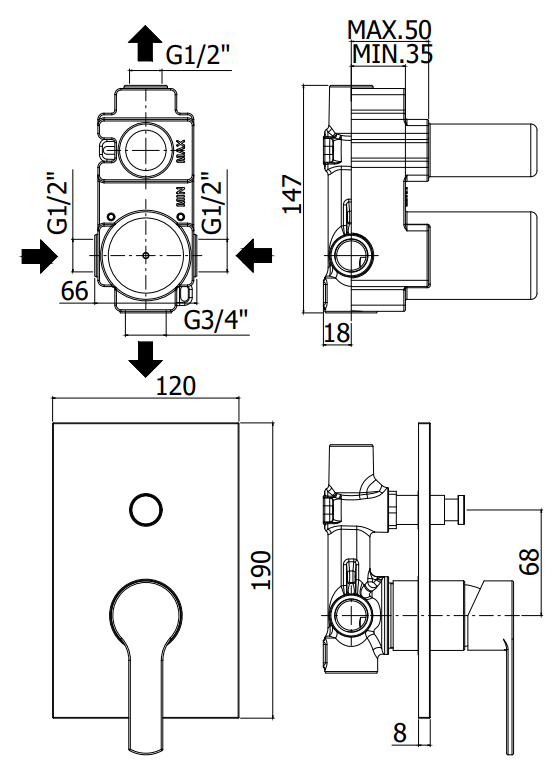 Paffoni Red Red015 Miscelatore doccia ad Incasso 2 uscite, componenti inclusi smontati: corpo incasso, placca e rosone
