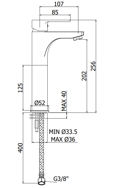 Paffoni Red Miscelatore lavabo alto con prolunga 125 mm Cromato, vista laterale del profilo e della forma