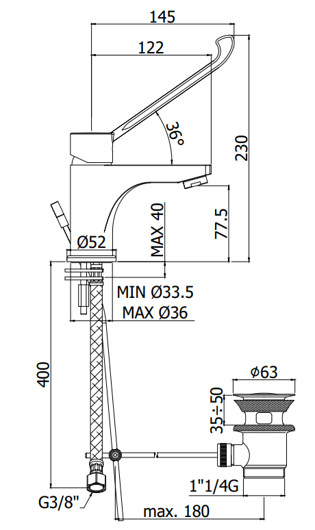 Paffoni Red Red305 Miscelatore Lavabo Con Leva Clinica E, vista laterale del profilo e della forma