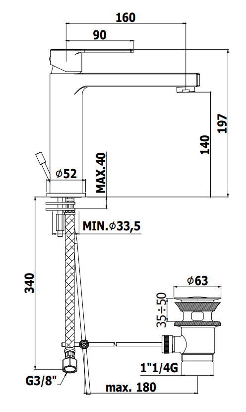 Paffoni Ringo Rin073 Miscelatore lavabo Scarico Automatico, vista laterale del profilo e della forma
