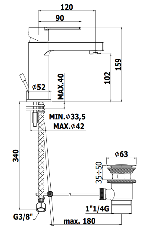 Paffoni Ringo Rin075 Es Miscelatore lavabo Energy Saving E, vista laterale del profilo e della forma