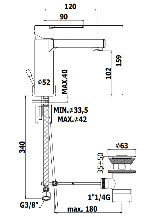Paffoni Ringo Rin075 Miscelatore lavabo con Scarico Nero, vista laterale del profilo e della forma