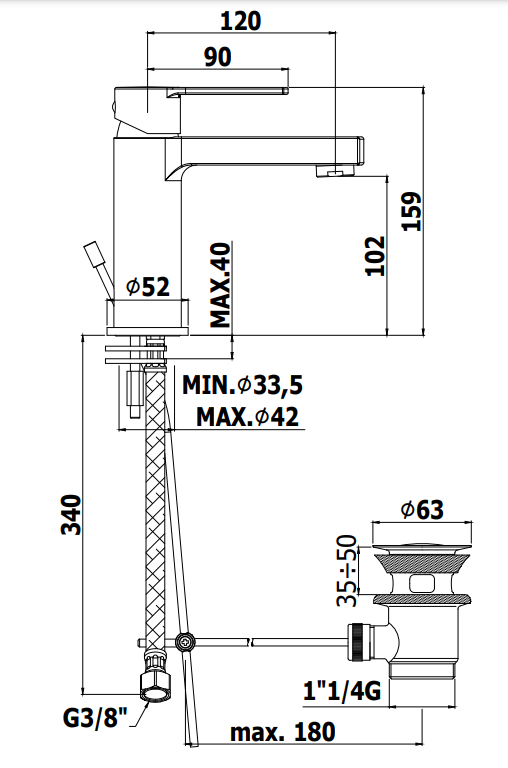 Paffoni West Ws071 Miscelatore Lavabo senza scarico Cromato, vista laterale del profilo e della forma