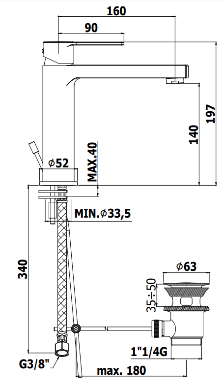 Paffoni West Ws073 Miscelatore lavabo con Scarico Cromo, vista laterale del profilo e della forma