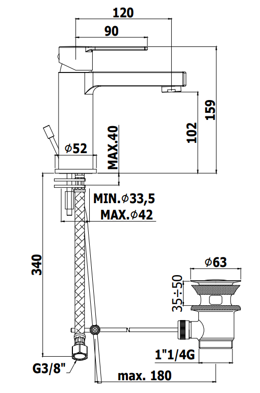 Paffoni West Ws075 Miscelatore lavabo con Scarico Cromo, vista laterale del profilo e della forma