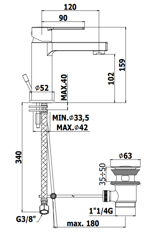 Paffoni West Ws075 Es Miscelatore lavabo Energy Saving, vista laterale del profilo e della forma
