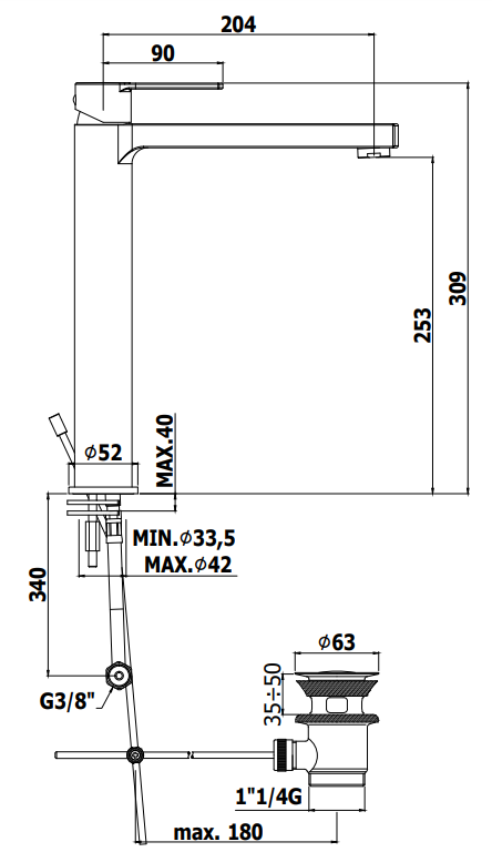 Paffoni West Ws085 Miscelatore Lavabo alto Prolungato Con, vista laterale del profilo e della forma