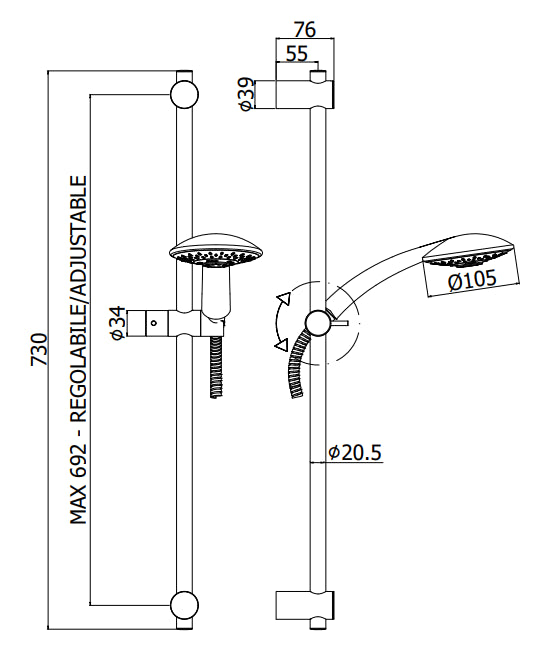 Paffoni Lance Zsal181 asta doccia 73 Cm con saliscendi doccetta e flessibile cromo