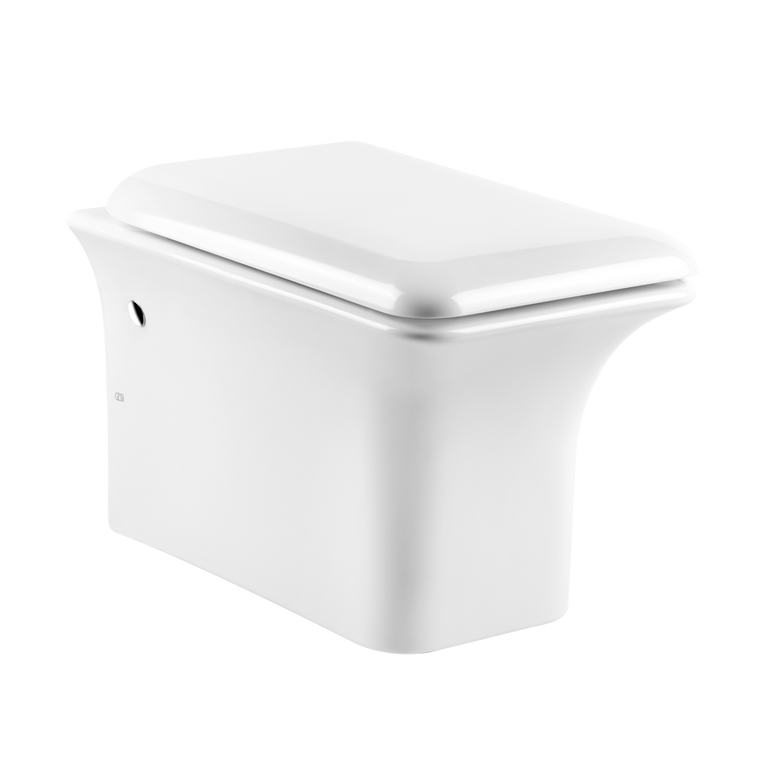 Wc Sospeso A Parete 6 litri In Ceramica Bianco lucido Ispa Bianco Europa ambientato su piano bagno con accessori