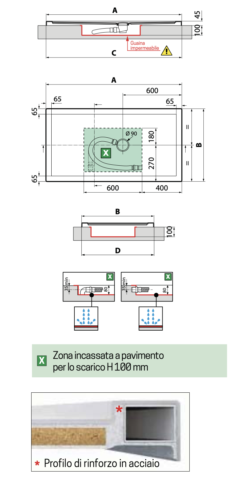 Piatto Doccia 100x80 Rettangolare Bordo Alto 4,5 Cm con visto dall'alto con superficie e piletta di scarico