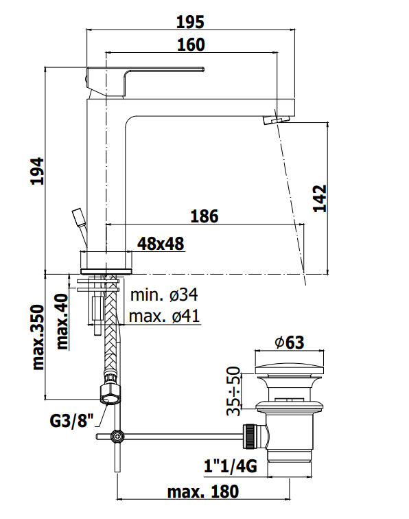 Paffoni Effe Ef073 Miscelatore Lavabo Medio con scarico visto dall'alto con scarico e interno visibili