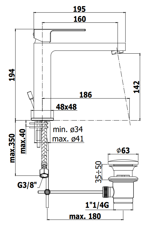 Paffoni Effe Ef074 Miscelatore lavabo Senza Scarico Cromo visto dall'alto con scarico e interno visibili