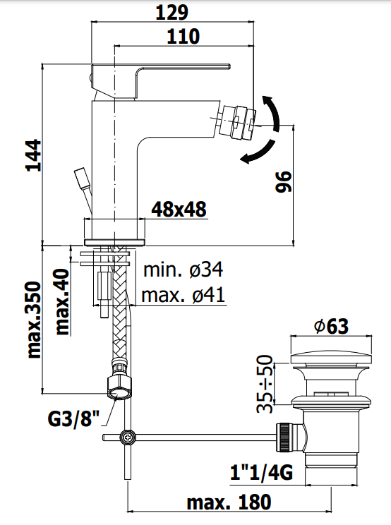 Disegno tecnico con quote di Paffoni Effe Ef131 Miscelatore bidet Senza Scarico Cromo