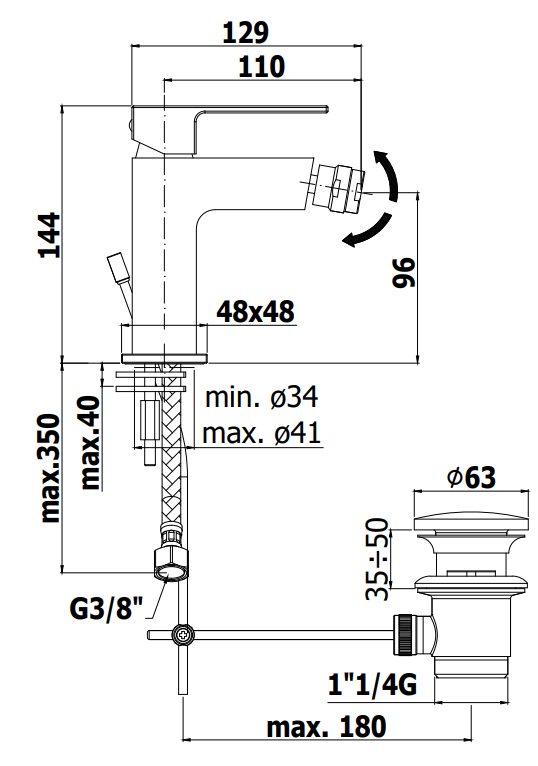 Disegno tecnico con quote di Paffoni Effe Ef135 Miscelatore bidet con scarico automatico