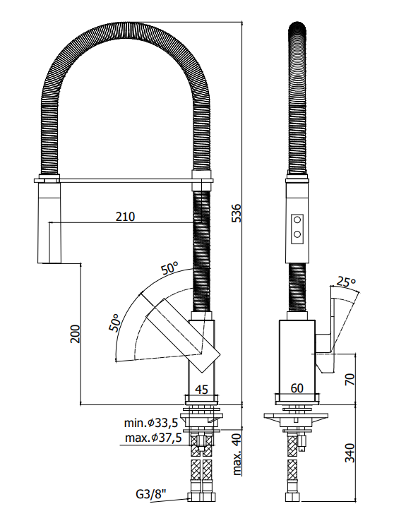 Disegno tecnico con quote di Paffoni Effe Ef179 Professional Miscelatore lavello cucina