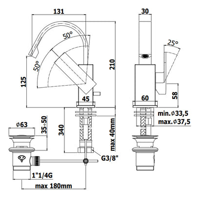 Paffoni Effe Ef837 Miscelatore lavabo canna piatta ad ombrello con scarico automatico Cromo