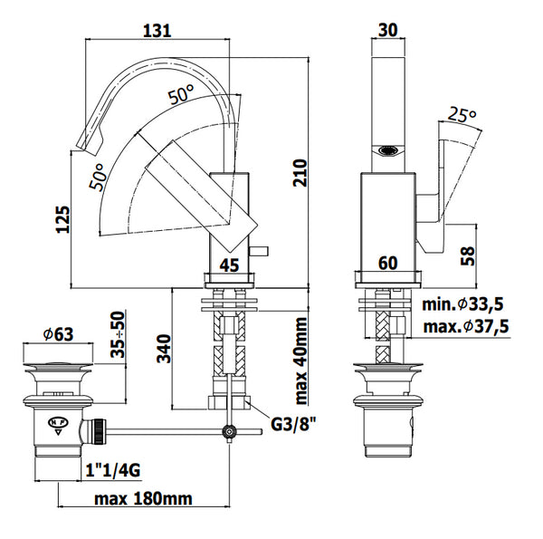 Paffoni Effe Ef837 Miscelatore lavabo canna piatta ad ombrello con scarico automatico Cromo