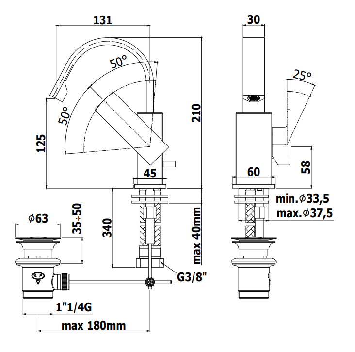 Paffoni Effe Ef837 Miscelatore lavabo con scarico visto dall'alto con scarico e interno visibili