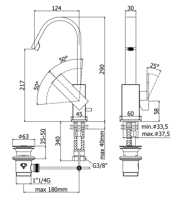 Paffoni Effe Ef877 Miscelatore lavabo canna ad ombrello visto dall'alto con scarico e interno visibili