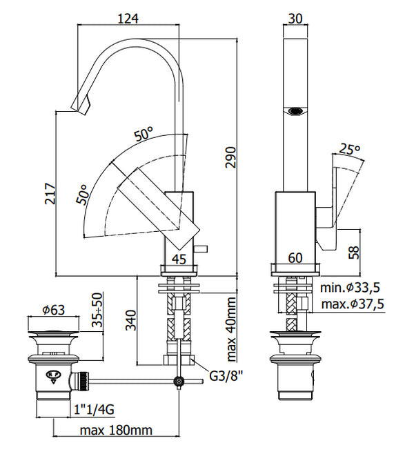 Paffoni Effe Ef877 Miscelatore lavabo canna ad ombrello scarico automatico Cromo