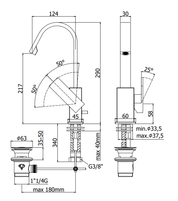 Paffoni Effe Ef878 Miscelatore lavabo Canna Piatta Senza visto dall'alto con scarico e interno visibili
