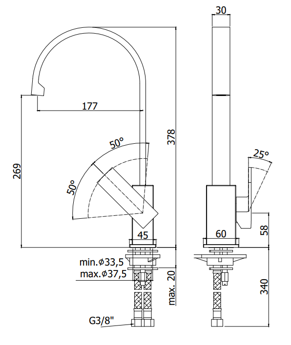 Disegno tecnico con quote di Paffoni Effe Miscelatore lavello cucina Cromo Ef880