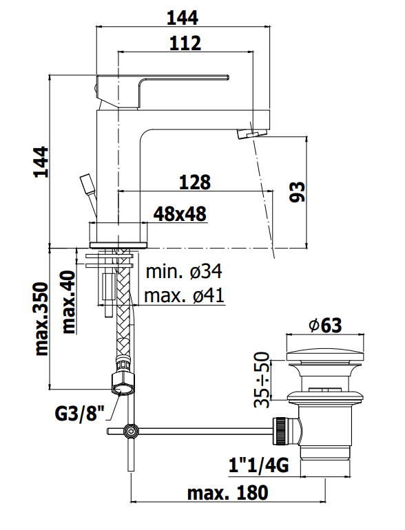 Paffoni Elle El071 Miscelatore Lavabo Senza Scarico Cromo, vista laterale del profilo e della forma