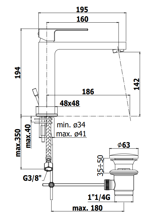 Paffoni Elle El073 Miscelatore lavabo Monocomando con, vista laterale del profilo e della forma