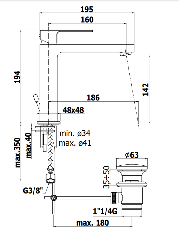 Paffoni Elle El074 Miscelatore lavabo Monocomando Senza, vista laterale del profilo e della forma