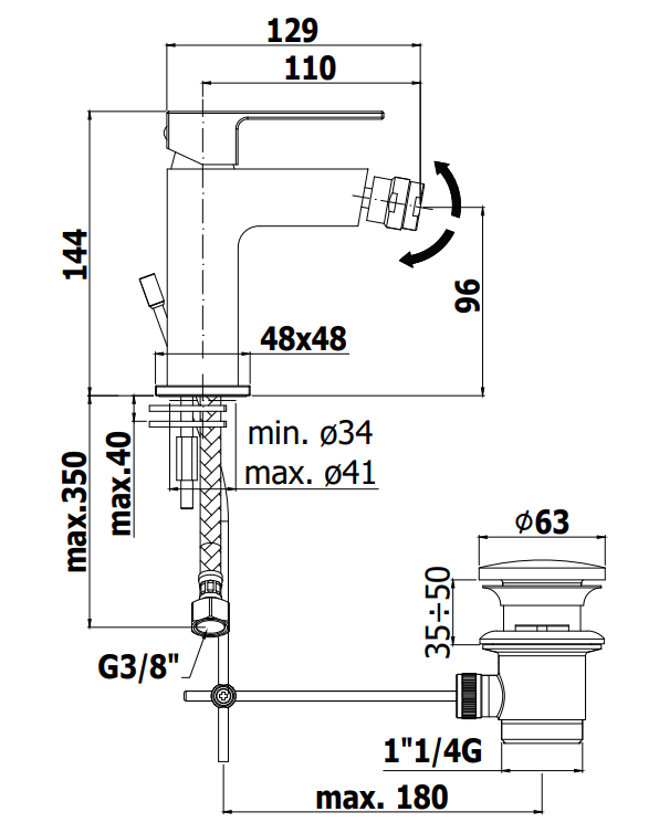Disegno tecnico con quote di Paffoni Elle-Effe EL131 Miscelatore Bidet Senza Scarico Cromato
