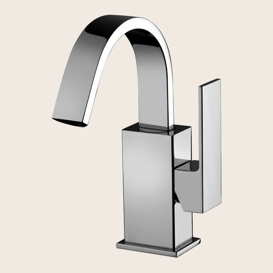 Paffoni Elle El838 Miscelatore lavabo canna ad ombrello in lucido ambientato su piano bagno con accessori