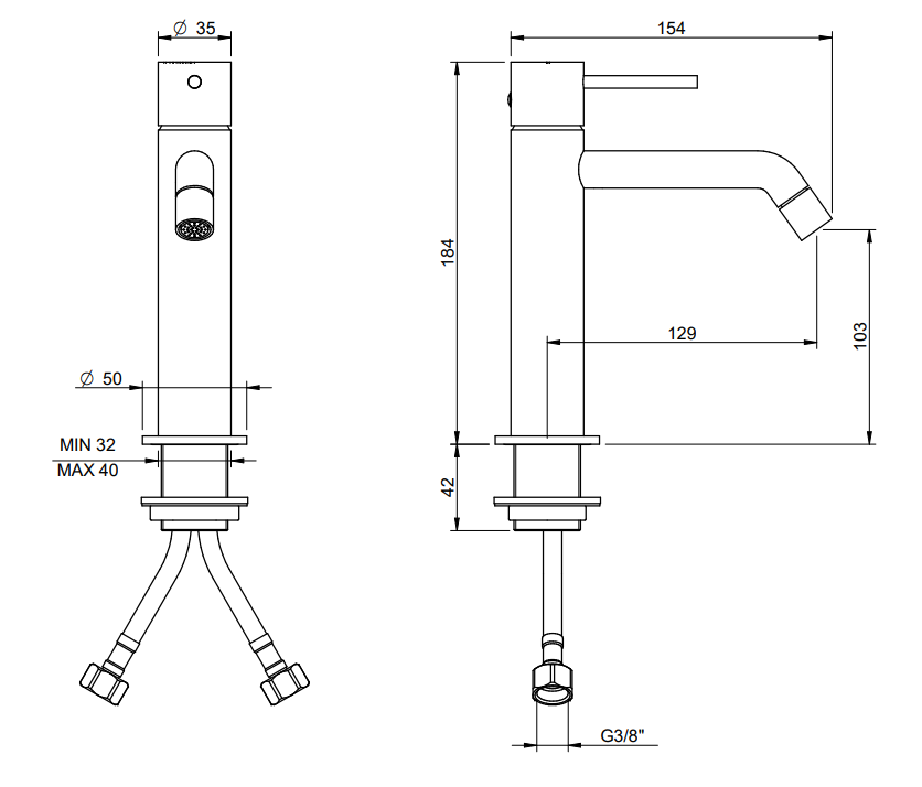 Treemme Up+ miscelatore lavabo 103 mm senza scarico cromo Cromo Lucido, vista laterale del profilo e della forma...