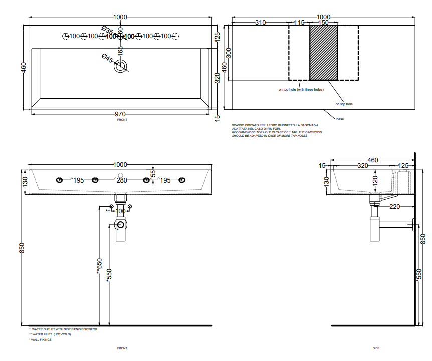 Cielo Smile lavabo 100x46 monoforo rettangolare sospeso o, vista frontale su sfondo bianco