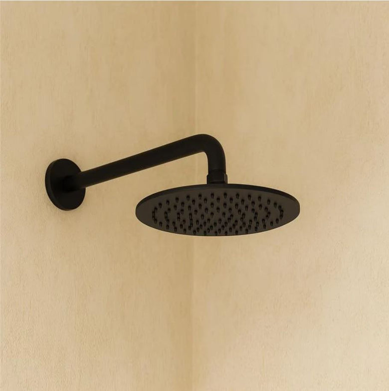 Soffione doccia 30 cm Smart tondo con braccio 35 cm nero in opaco, vista frontale della maniglia e della bocca di...