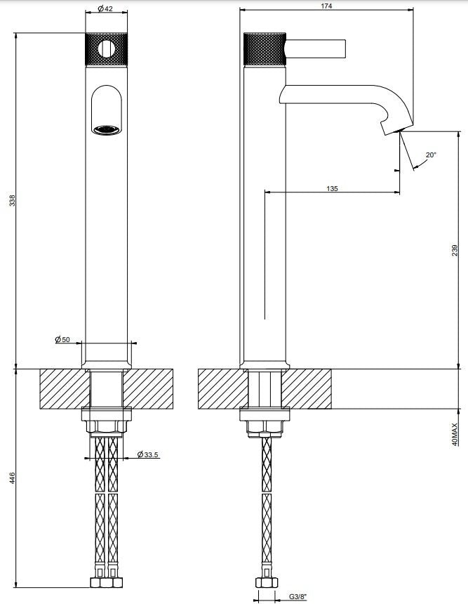 Gessi Inciso Miscelatore alto per lavabo a ciotola senza, vista frontale su sfondo bianco