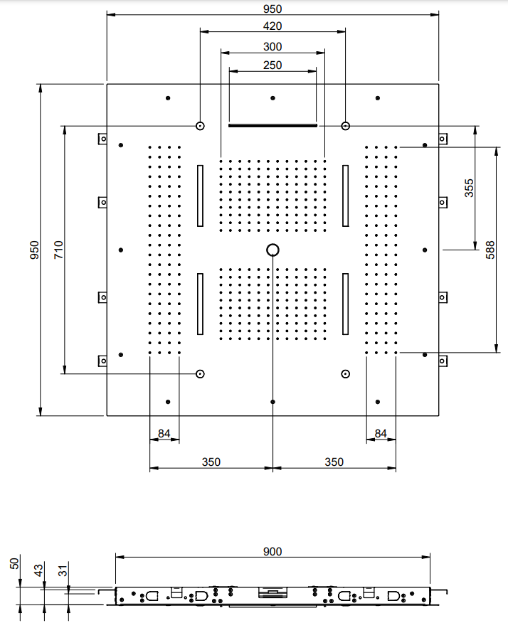 Disegno tecnico con quote di Treemme ITRTBR389IS soffione doccia 95x95 a soffitto 5 Acciaio - Rubinetterie Treemme