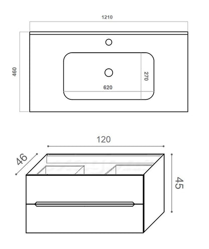 Mobile bagno tortora opaco 120x46 cannettato Urbino due cassetti con lavabo in ceramica