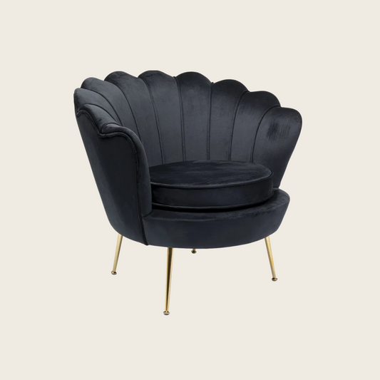 Water Lily Poltrona design Glamour con gambe in acciaio dorato e tessuto imbottito nero