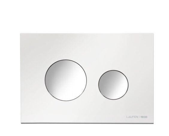Tece TECEloop placca di comando in plastica tecnologia a Bianco Cromato in lucido ambientato su piano bagno con accessori...
